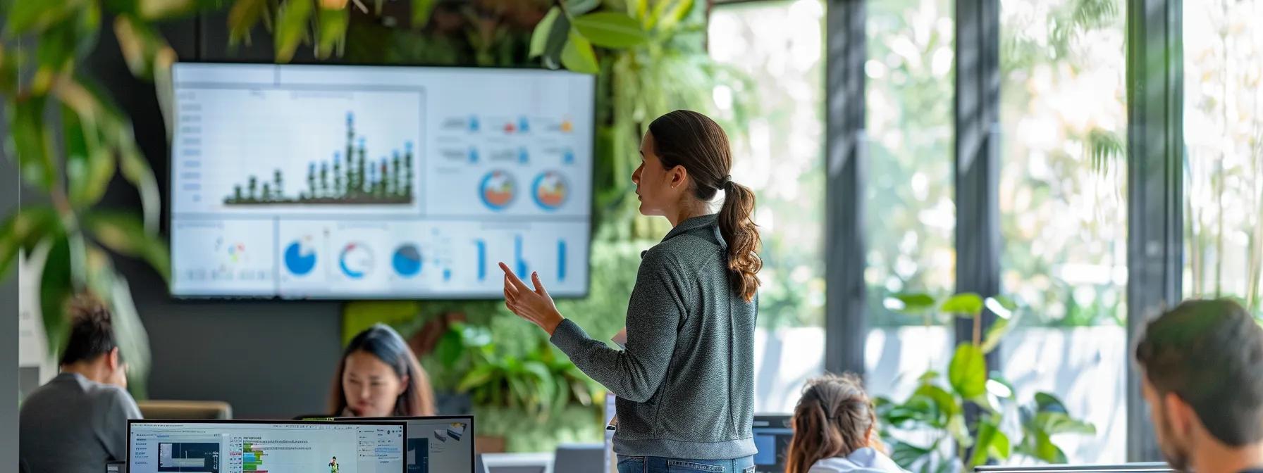 a sharp, modern office environment showcases a professional discussing pricing structures for landscape lawn services, with a detailed digital chart displaying key factors like lawn size and service frequency projected on a sleek screen.
