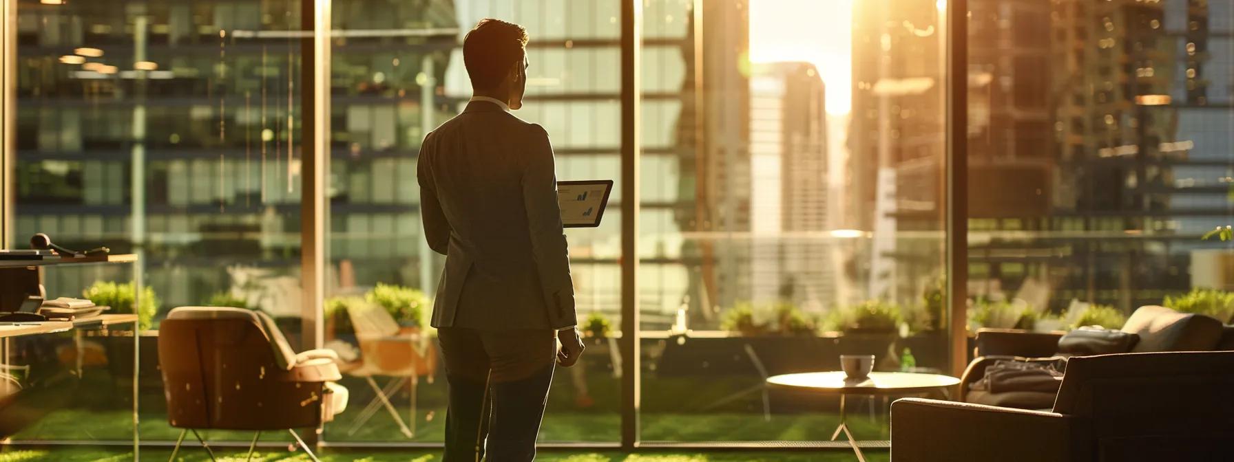 a sharply lit urban office environment features a focused professional analyzing a detailed lawn health report displayed on a sleek digital tablet, emphasizing the importance of early detection of lawn pests and diseases.