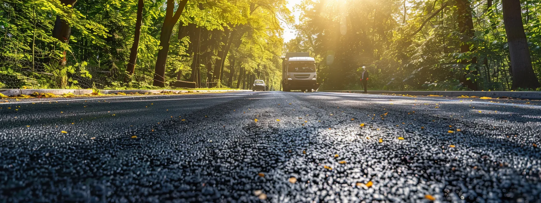 a shimmering asphalt road lined with vibrant green trees undergoes a thorough inspection for signs of damage, with workers applying emulsion-based treatments to protect its surface from degradation. a shimmering asphalt road lined with vibrant green trees undergoes a thorough inspection for signs of damage, with workers applying emulsion-based treatments to protect its surface from degradation.