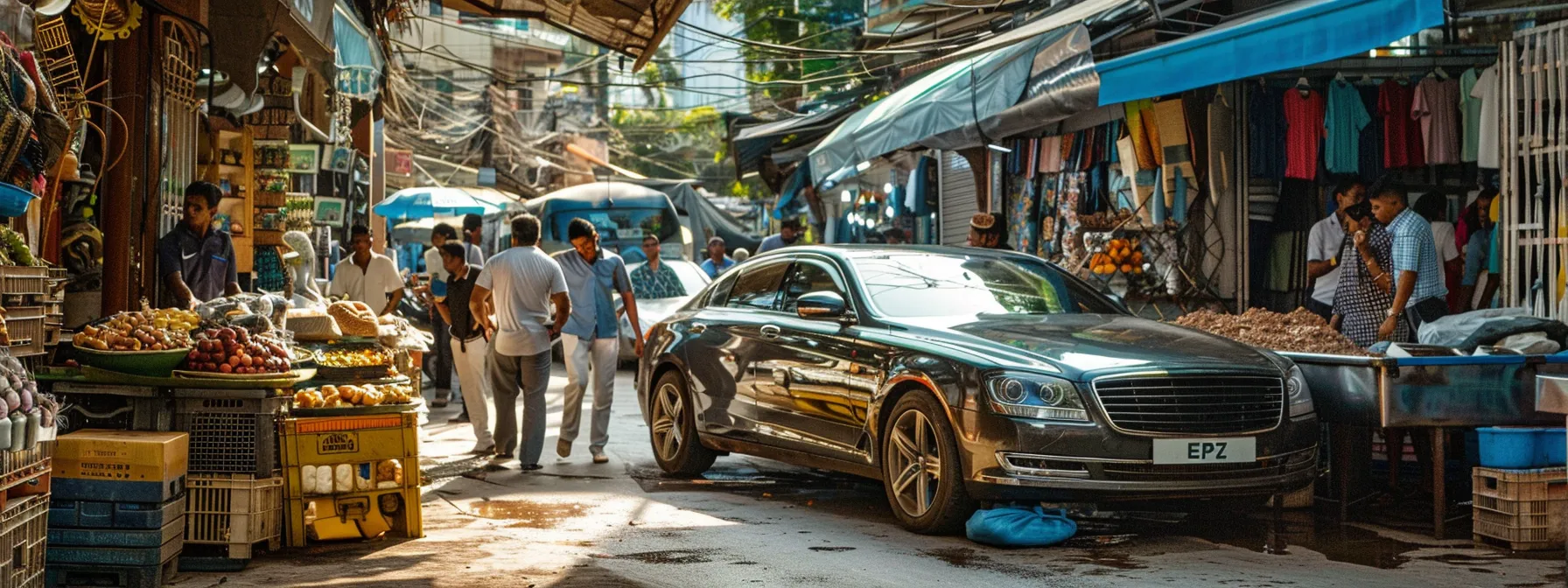 a shiny, sparkling car being inspected by a group of interested buyers in a bustling local market. a shiny, sparkling car being inspected by a group of interested buyers in a bustling local market.