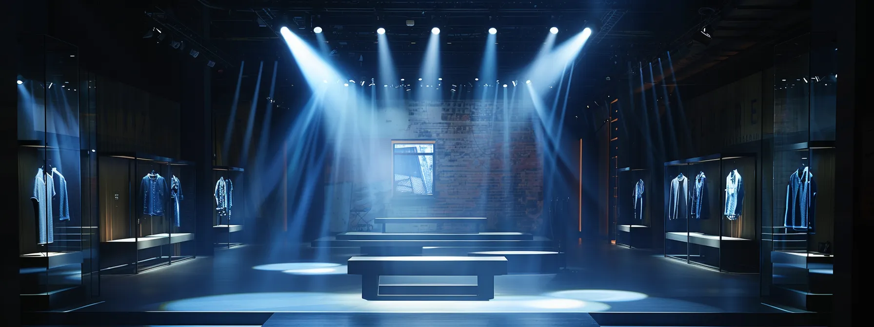 a single spotlight illuminates a display of the latest trendsetting serenede jeans collections, showcasing unique and captivating designs. a single spotlight illuminates a display of the latest trendsetting serenede jeans collections, showcasing unique and captivating designs.