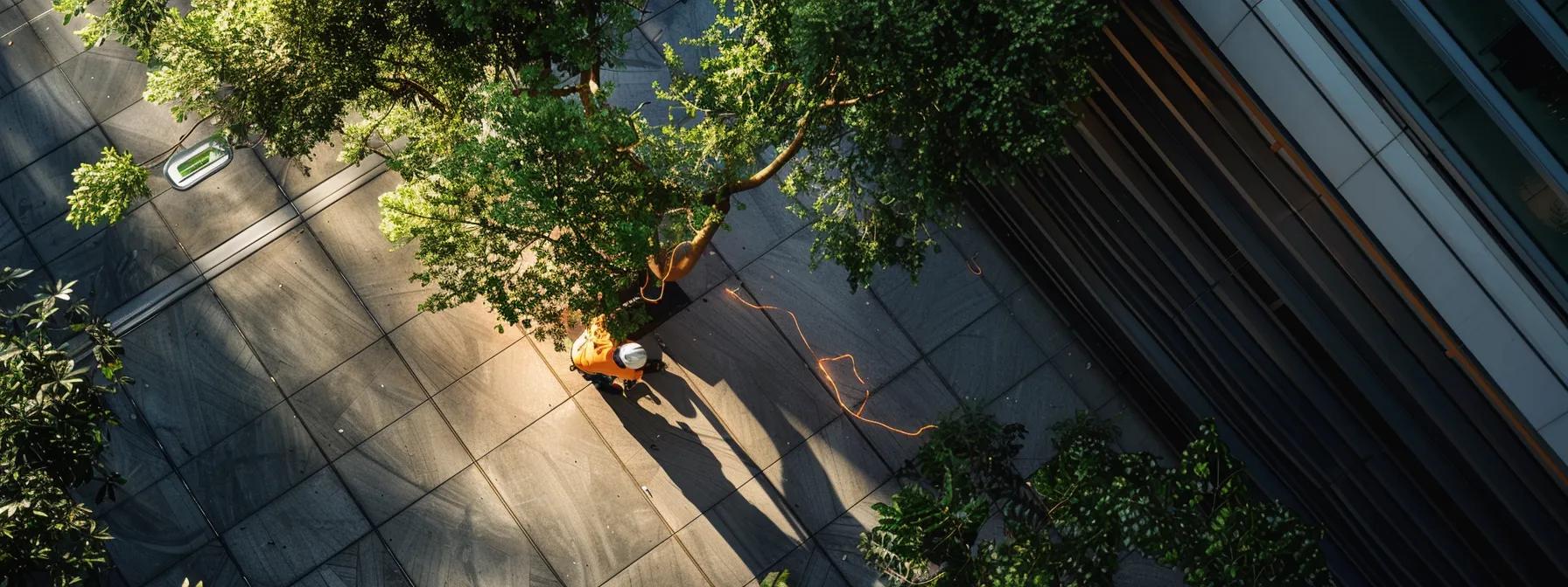 a skilled arborist meticulously pruning a robust tree in a modern urban setting, showcasing the meticulous cuts that promote healthier growth and longevity, illuminated by the bright, focused lighting of a well-organized outdoor workspace. a skilled arborist meticulously pruning a robust tree in a modern urban setting, showcasing the meticulous cuts that promote healthier growth and longevity, illuminated by the bright, focused lighting of a well-organized outdoor workspace.