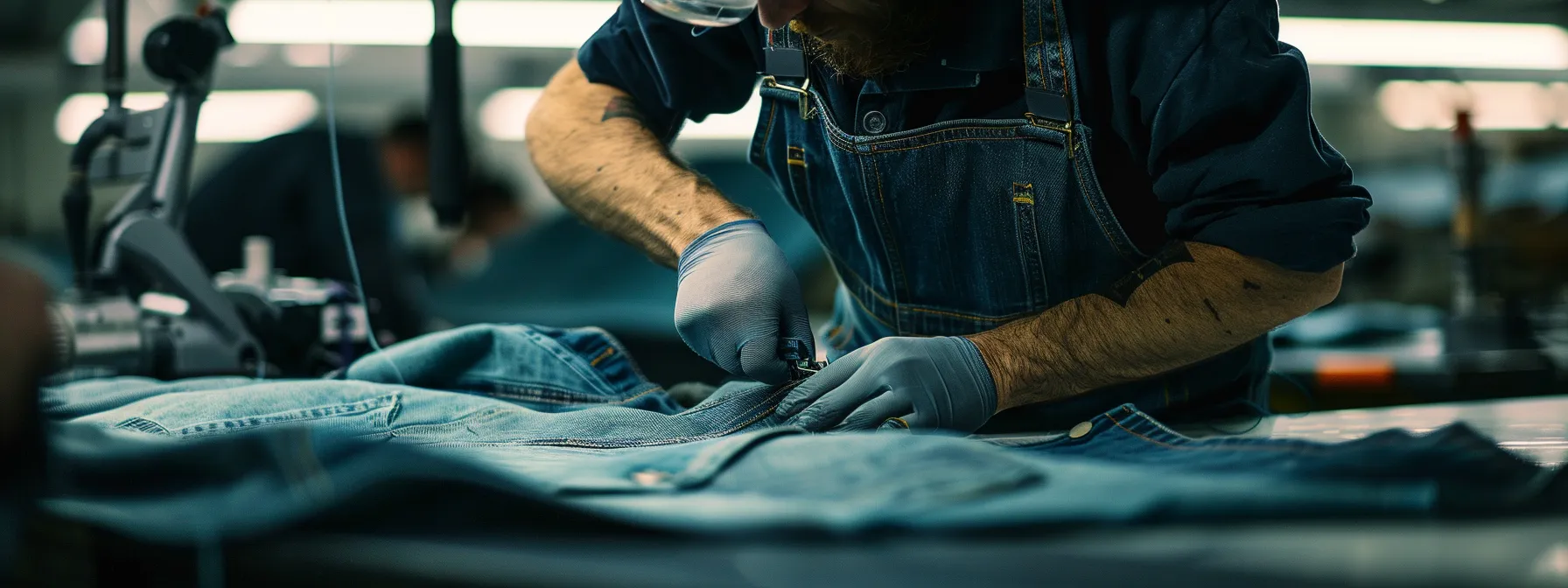 a skilled artisan meticulously stitching together high-grade denim fabric for a pair of serenede jeans, showcasing the brand's dedication to craftsmanship and attention to detail. a skilled artisan meticulously stitching together high-grade denim fabric for a pair of serenede jeans, showcasing the brand's dedication to craftsmanship and attention to detail.