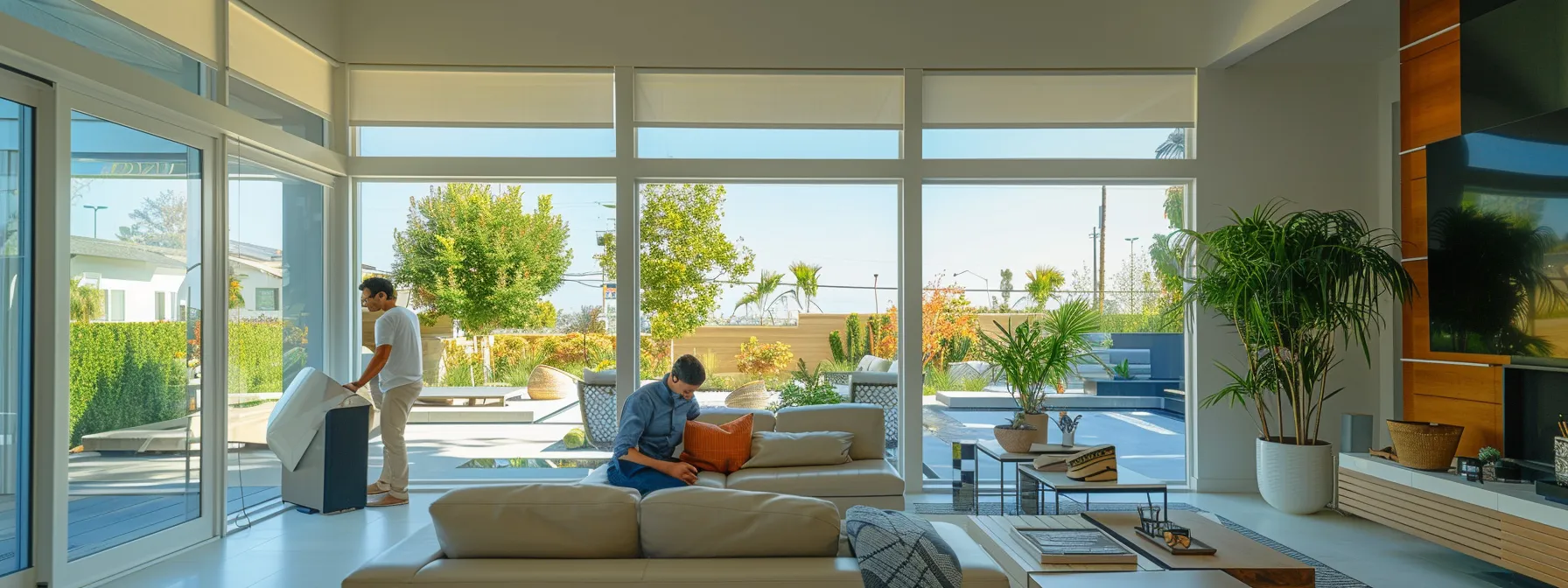 a skilled installer carefully measures and installs motorized window treatments in a modern san diego home. a skilled installer carefully measures and installs motorized window treatments in a modern san diego home.