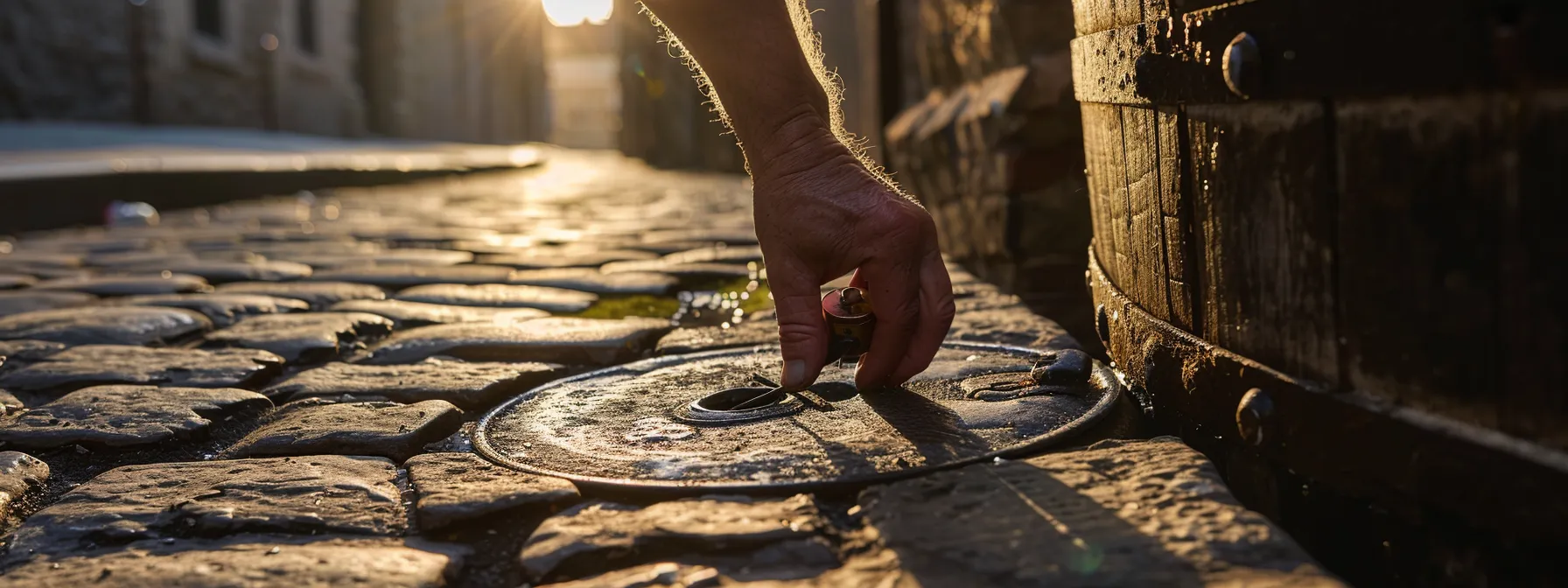 Locked Barrels in Langwarrin 1 a skilled locksmith meticulously picking the lock of a large, weathered barrel on a sunlit cobblestone street in Langwarrin.