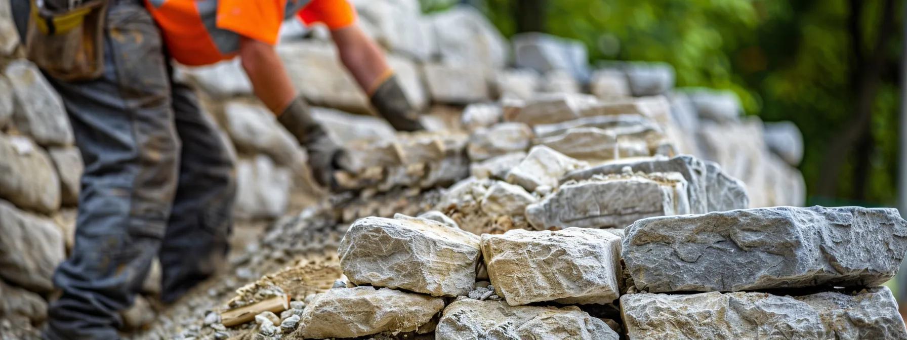 a skilled mason meticulously constructs a robust boulder retaining wall in an urban setting, showcasing layered stones and a level foundation under artificial worksite lighting.