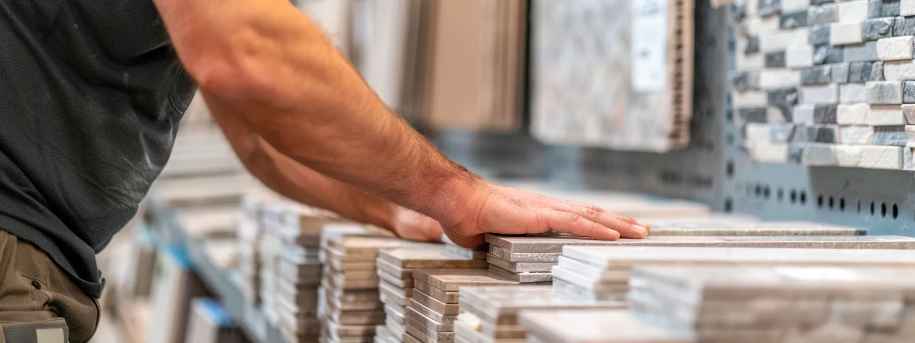 a skilled northeast ohio remodeler carefully selecting trendy tiles from a local supplier for a bathroom renovation project. a skilled northeast ohio remodeler carefully selecting trendy tiles from a local supplier for a bathroom renovation project.