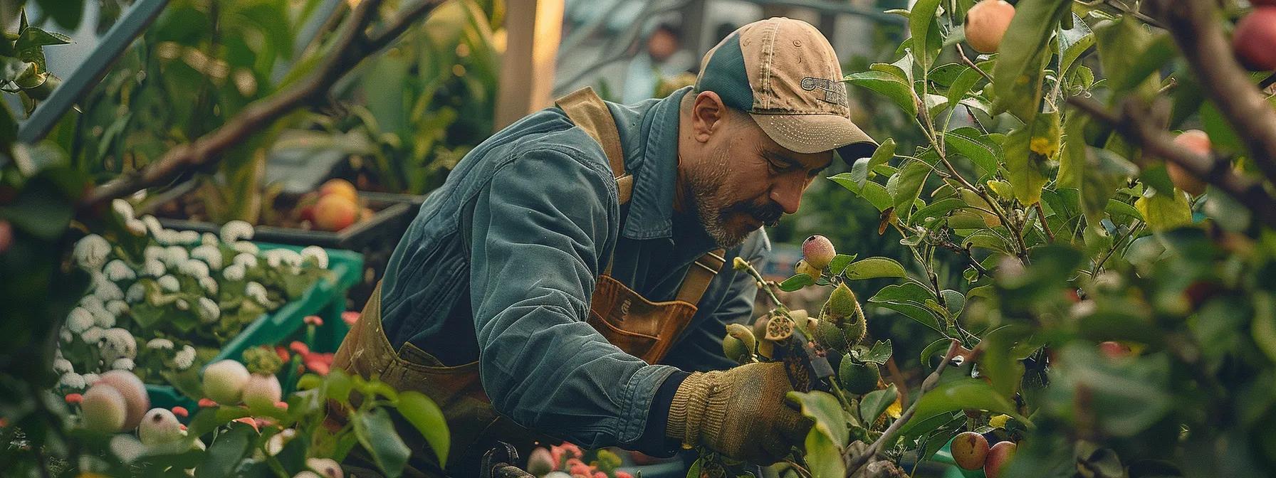 a skilled orchardist meticulously pruning a vibrant fruit tree in a bustling urban garden, surrounded by an array of blooming flowers, highlighting the transformative impact of expert care on fruit and flower production. a skilled orchardist meticulously pruning a vibrant fruit tree in a bustling urban garden, surrounded by an array of blooming flowers, highlighting the transformative impact of expert care on fruit and flower production.