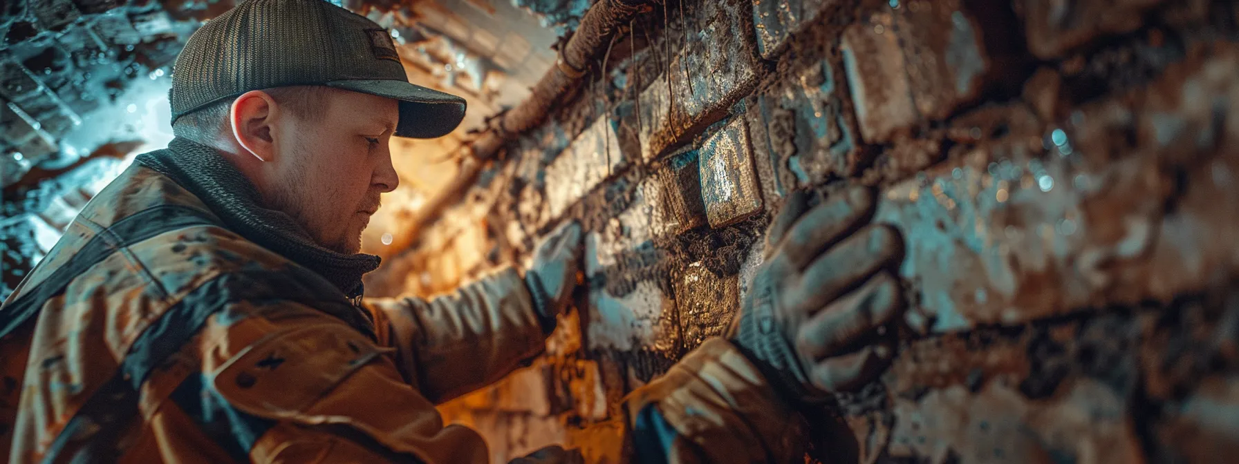 a skilled professional carefully assessing a brick structure, applying high-quality waterproofing materials to protect against moisture damage.