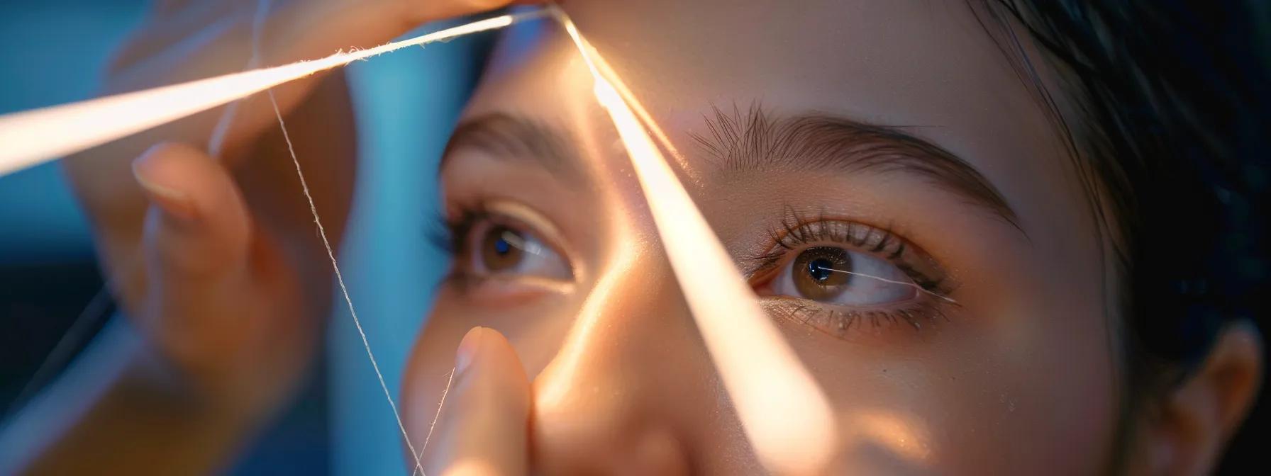 a skilled technician expertly uses a twisted cotton thread to perform threading on a client's eyebrows in a sleek, modern beauty studio, showcasing precision and focus under bright, professional lighting.