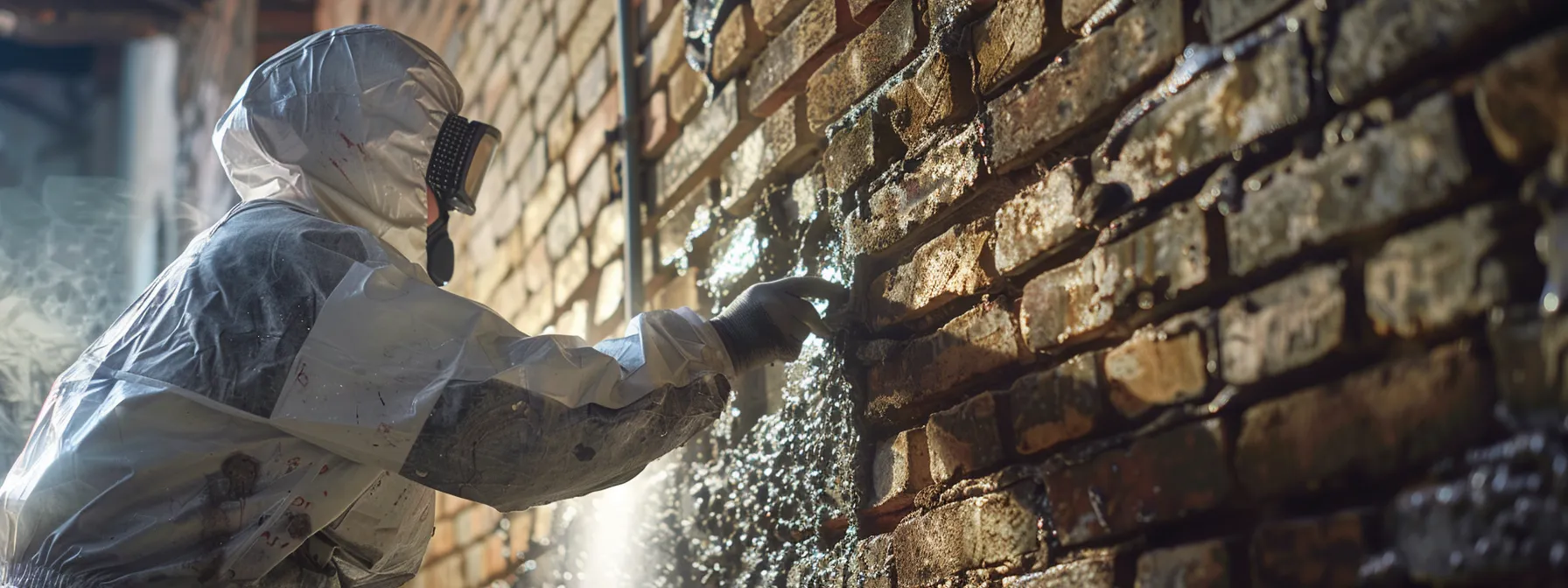 a skilled worker in protective gear carefully applying a waterproof sealant to a brick wall, surrounded by positive client reviews and testimonials displayed nearby.