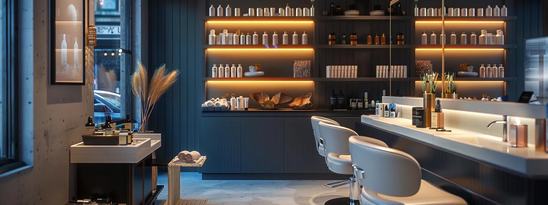 a sleek and modern beauty salon on fulton street, featuring an inviting threading station with stylish decor and glowing, ambient lighting, showcasing a professional eyebrow artist preparing for a service.