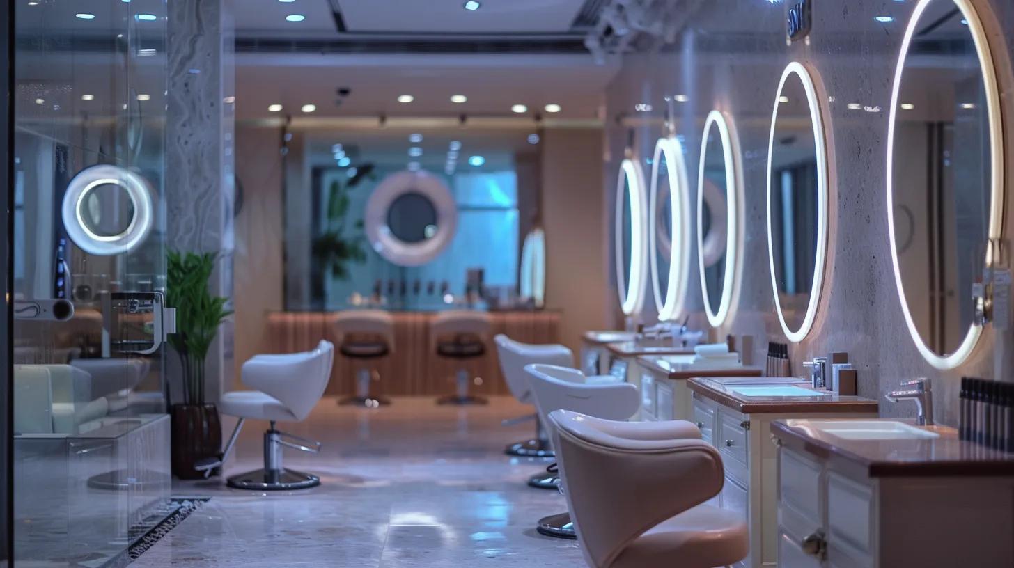 a sleek and modern beauty salon offers a close-up view of a pristine brow threading station, showcasing the elegance of the threading tools against a backdrop of polished mirrors and soft, ambient lighting.