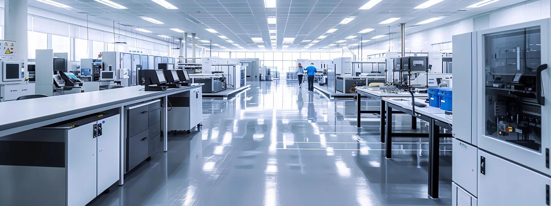 a sleek and modern manufacturing facility showcases advanced ped testing equipment, highlighting confident operators and clean, efficient workflows that emphasize safety and reliability in product quality.