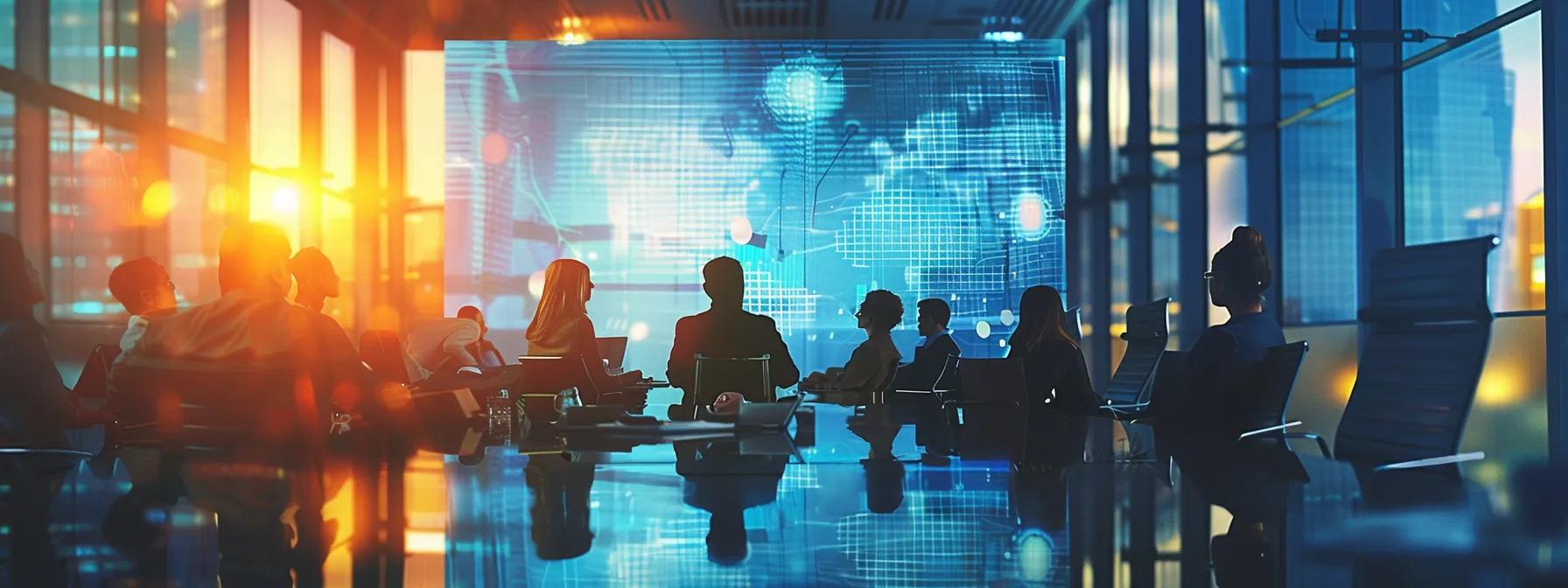 a sleek and modern office setting features a large conference table surrounded by diverse professionals engaged in animated discussion, with a digital projection displaying a clear infographic contrasting agile and waterfall project management methodologies, emphasizing the impact of project scope on web development budgets.