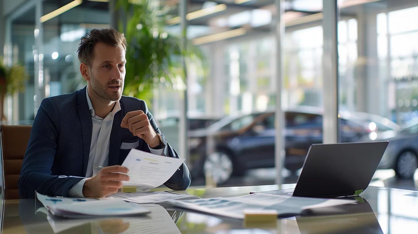 a sleek and modern office space with a professional-looking consultant engaging in a discussion with potential car buyers, surrounded by used car brochures and financial documents, vividly conveying the theme of used car financing in tallahassee.