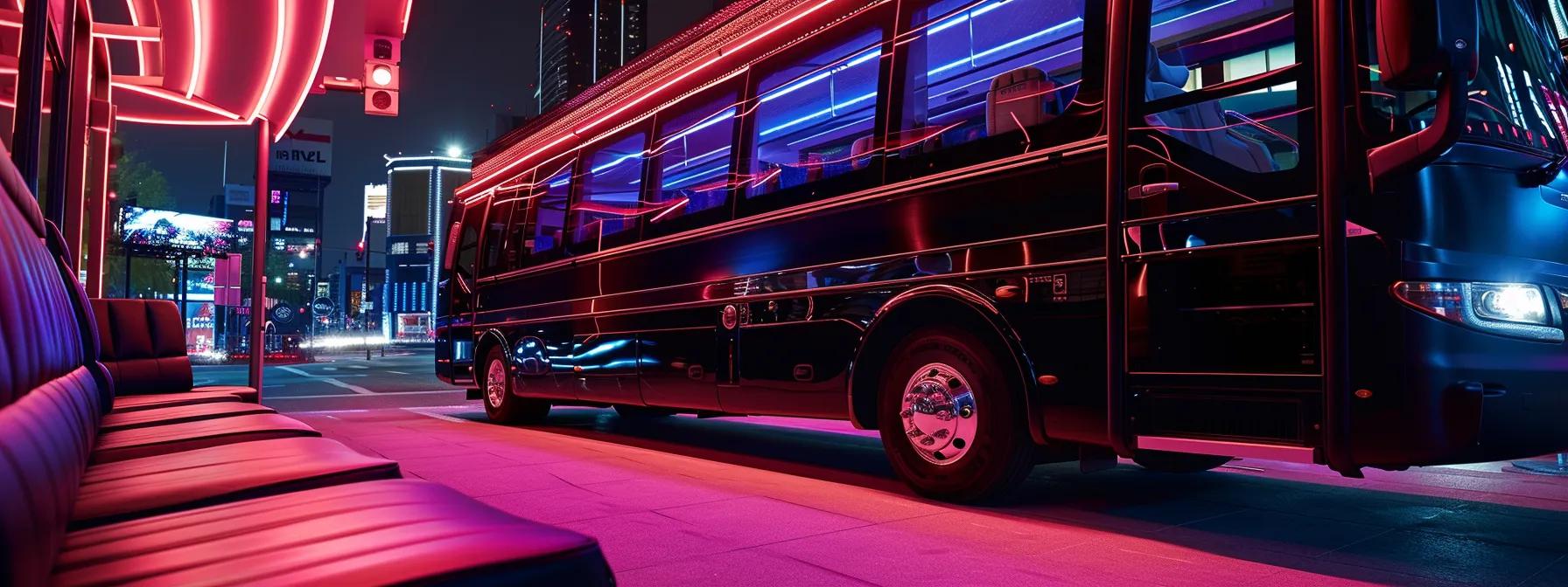 a sleek and modern party bus parked in a vibrant urban setting, showcasing its spacious interior packed with stylish seating and ambient lighting, perfectly illustrating the concept of capacity suitability for group transportation. a sleek and modern party bus parked in a vibrant urban setting, showcasing its spacious interior packed with stylish seating and ambient lighting, perfectly illustrating the concept of capacity suitability for group transportation.