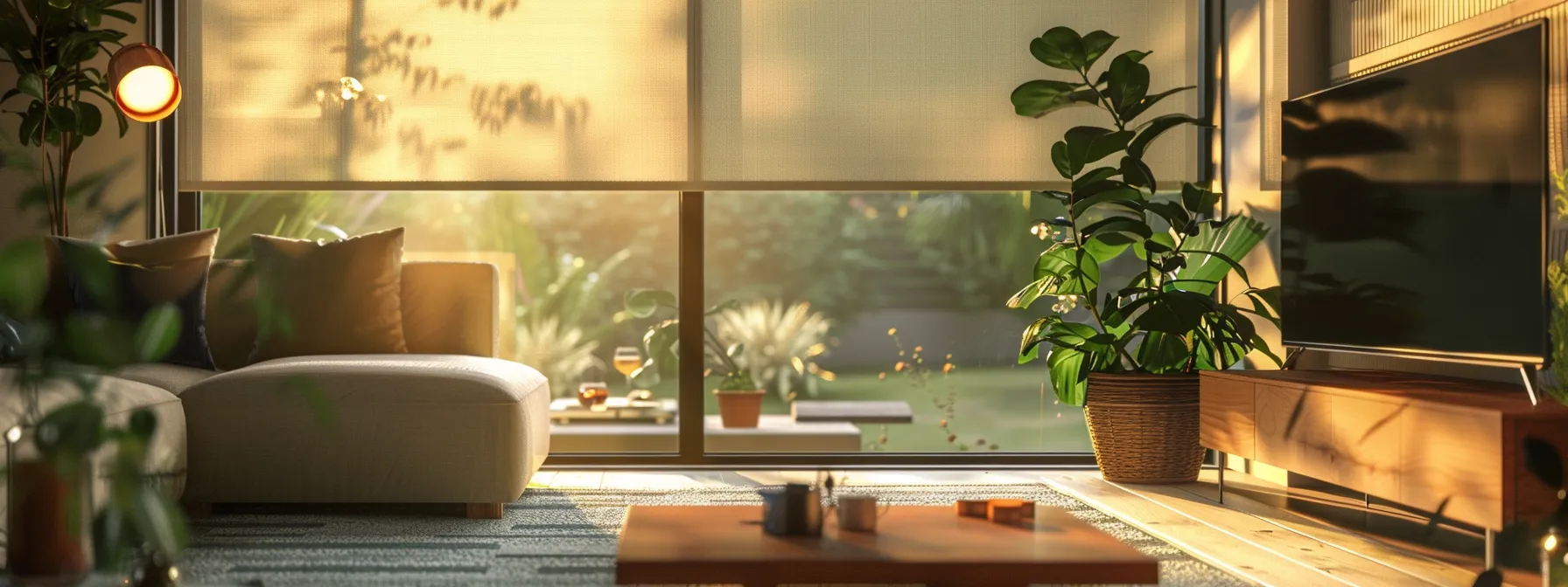 a sleek and modern smart roller shade seamlessly adjusting to the changing sunlight in a stylish living room. a sleek and modern smart roller shade seamlessly adjusting to the changing sunlight in a stylish living room.
