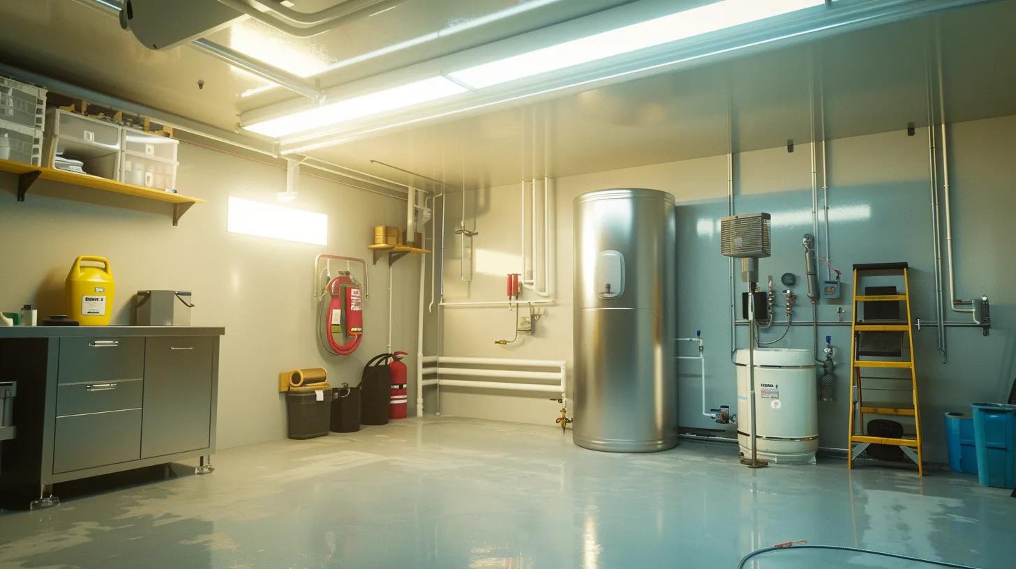 a sleek and organized utility room featuring a modern water heater alongside maintenance tools, illuminated by bright overhead lighting that emphasizes the importance of regular upkeep for longevity in florida's humid environment.