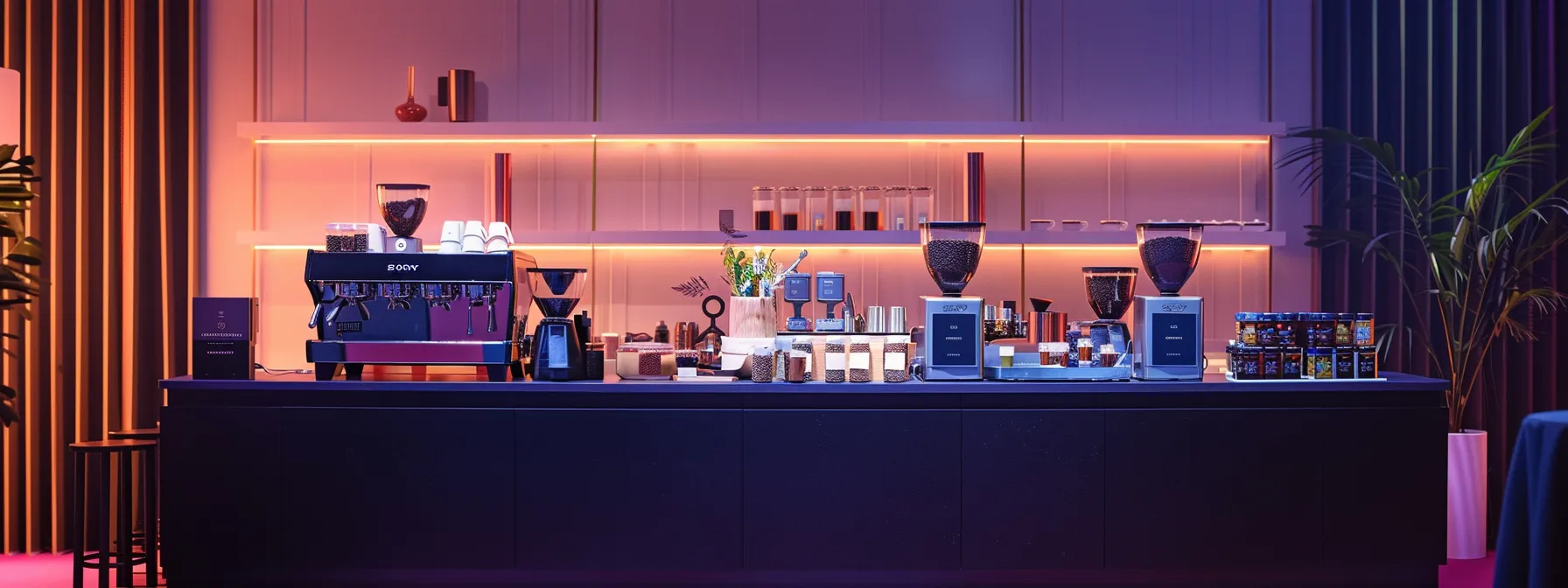 a sleek and stylish coffee bar setup with an array of specialty coffee options, enhancing the atmosphere of a corporate event.