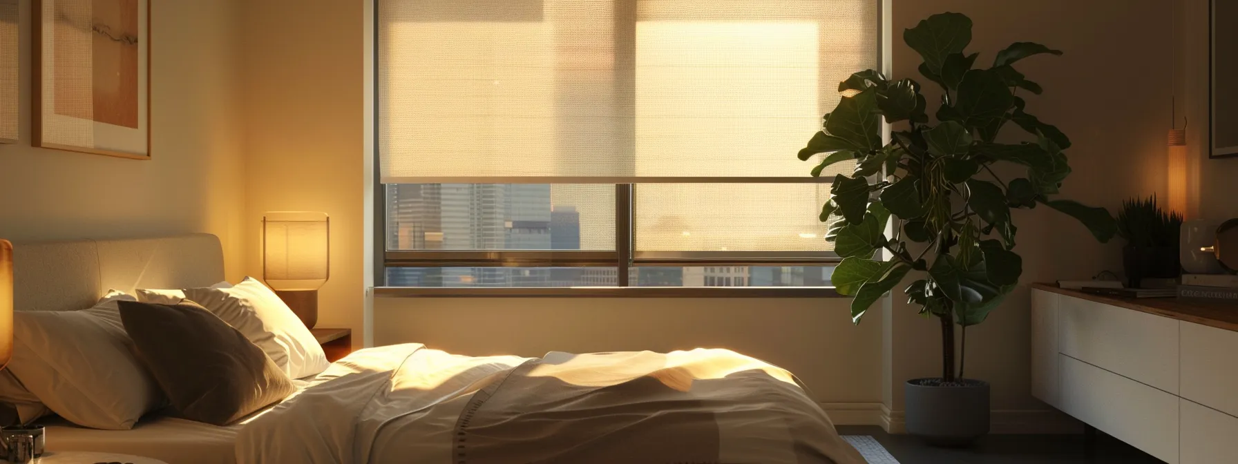 a sleek, automated motorized window shade silently gliding down in a stylish bedroom, controlled by a remote. a sleek, automated motorized window shade silently gliding down in a stylish bedroom, controlled by a remote.