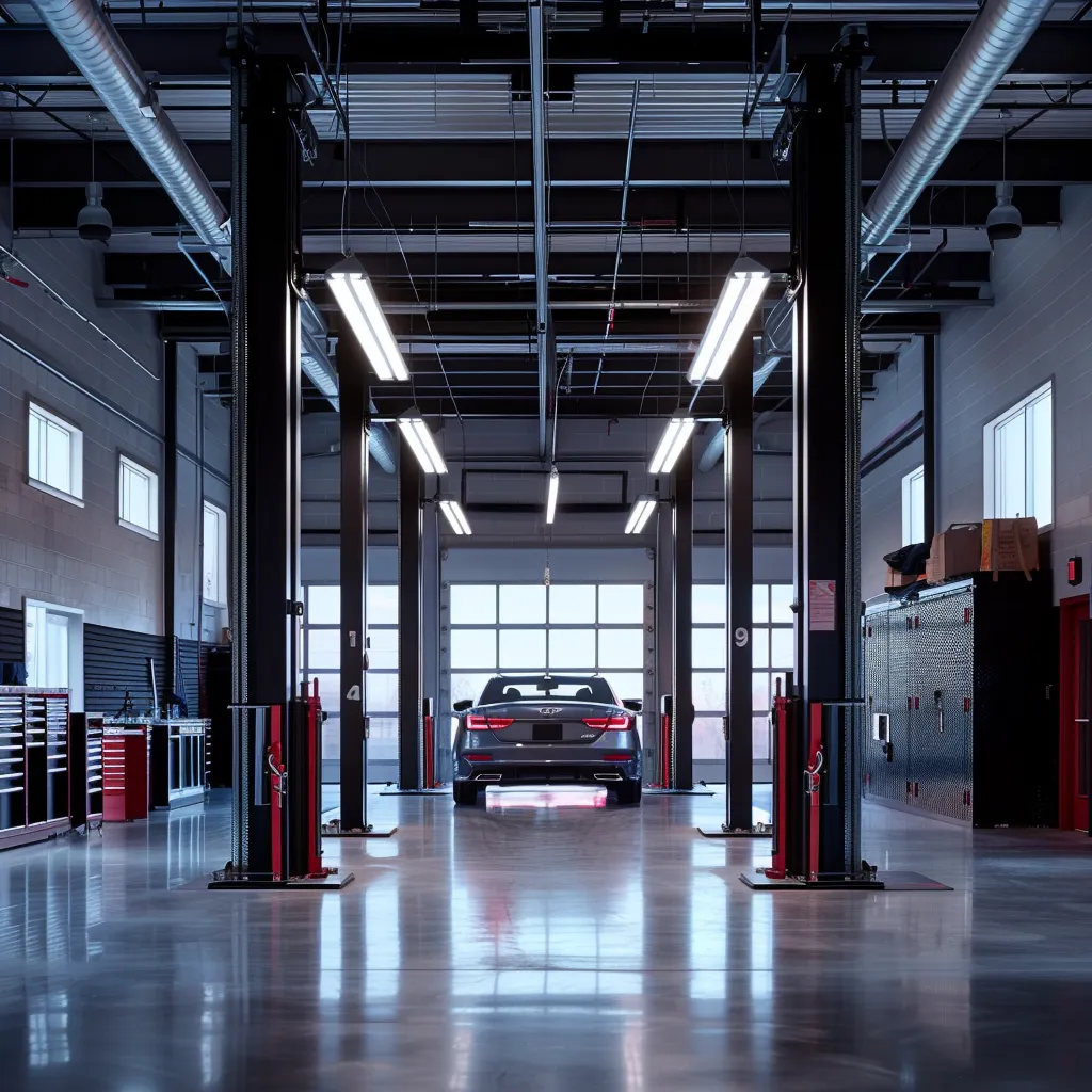 a sleek automotive garage showcasing a polished 2-post and 4-post lift setup under bright, focused led lighting, highlighting the lifts as the focal point against a streamlined, modern backdrop of tools and equipment.