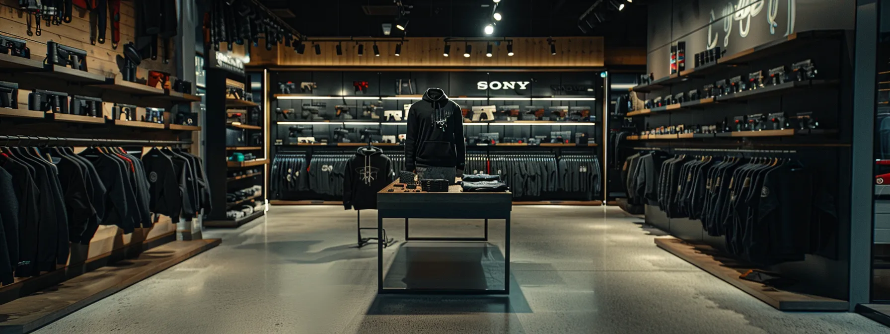 a sleek, black glock hoodie displayed prominently in a well-lit official glock store, surrounded by other authentic merchandise. a sleek, black glock hoodie displayed prominently in a well-lit official glock store, surrounded by other authentic merchandise.