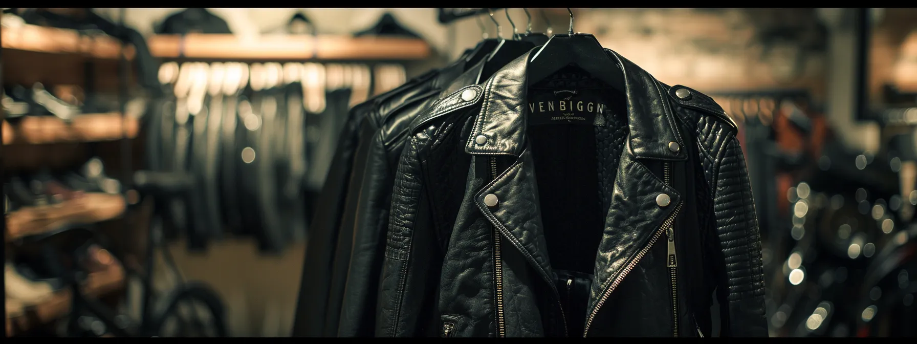 a sleek black leather jacket from vengeance clothing carefully hung on a hanger, surrounded by a collection of edgy pieces, reflecting the brand's distinctive style and quality. a sleek black leather jacket from vengeance clothing carefully hung on a hanger, surrounded by a collection of edgy pieces, reflecting the brand's distinctive style and quality.