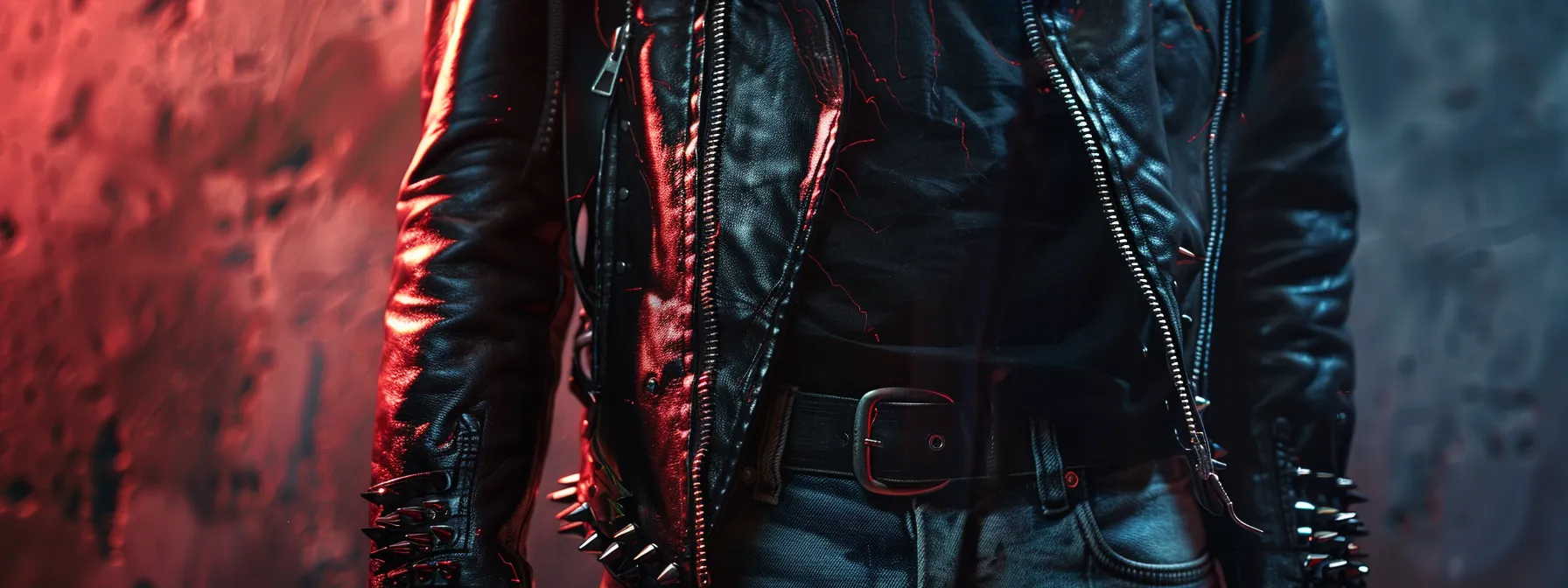 a sleek black leather jacket paired with distressed jeans and spiked accessories, exuding a fierce and bold style perfect for vengeance clothing. a sleek black leather jacket paired with distressed jeans and spiked accessories, exuding a fierce and bold style perfect for vengeance clothing.