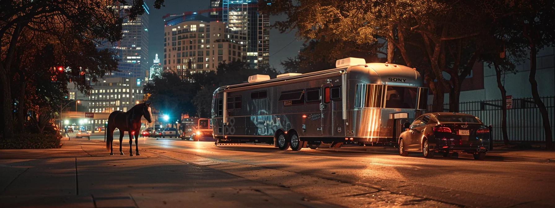 a sleek bumper pull two-horse trailer is parked alongside a well-maintained urban road in houston, showcasing the trailer’s modern design while a horse stands calmly next to it, highlighting the importance of local expertise in safe and efficient transportation.