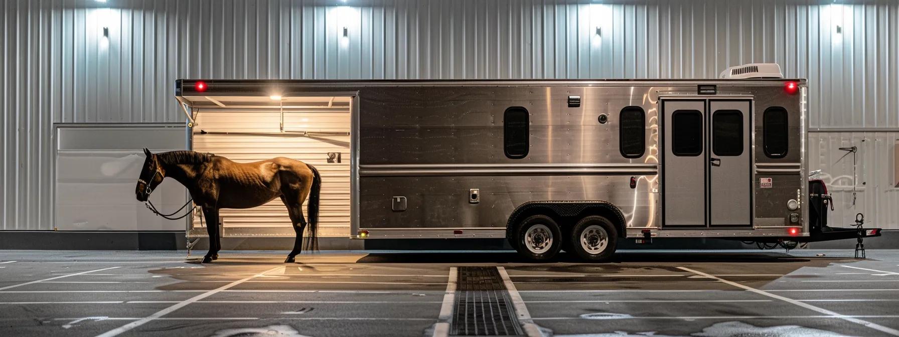 a sleek bumper pull two-horse trailer stands prominently in a well-lit urban rental facility, with a well-groomed horse peacefully standing beside it, embodying the essential preparations and safety considerations for horse transportation.