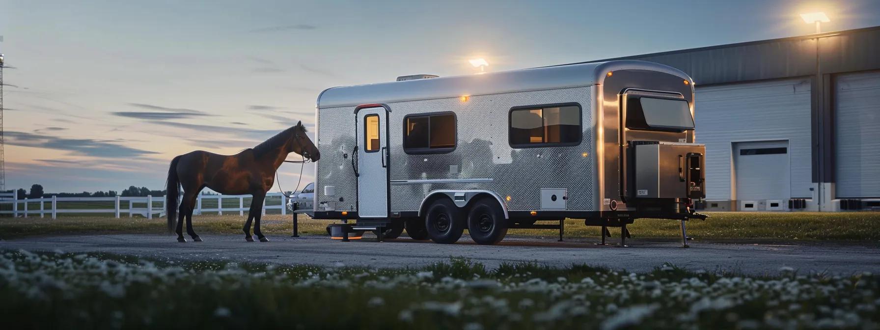 a sleek bumper pull two-horse trailer stands prominently in a well-lit urban rental yard, showcasing its modern safety features and meticulous daily inspections by certified technicians, while a calm horse is positioned next to it, embodying reliability and secure transportation.