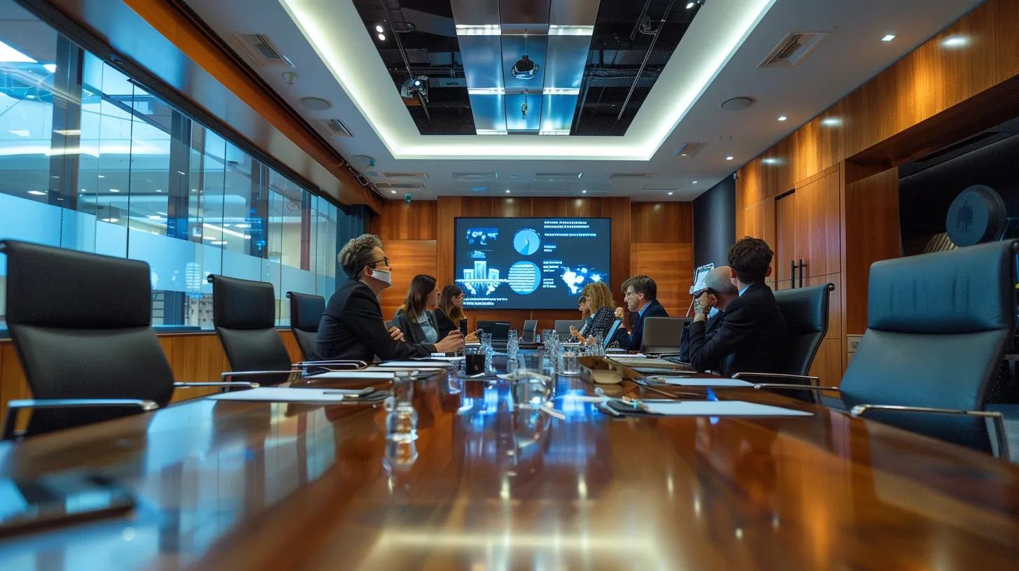 a sleek conference room filled with professionals engaged in a focused discussion, surrounded by documents and digital displays outlining the intricacies of bonding requirements for commercial contractors.