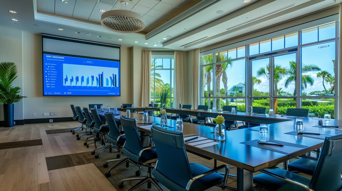 a sleek conference room in west palm beach showcases a modern presentation screen displaying a dynamic graph illustrating the fluctuating prices of impact windows, with storm-resistant samples prominently displayed on a polished tabletop, emphasizing the interplay of local market demand and construction standards.