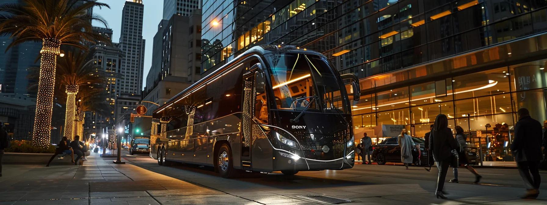 a sleek corporate charter bus parked in front of a modern office building, bustling with professionals boarding for a corporate event, illuminated by vibrant city lights at dusk. a sleek corporate charter bus parked in front of a modern office building, bustling with professionals boarding for a corporate event, illuminated by vibrant city lights at dusk.