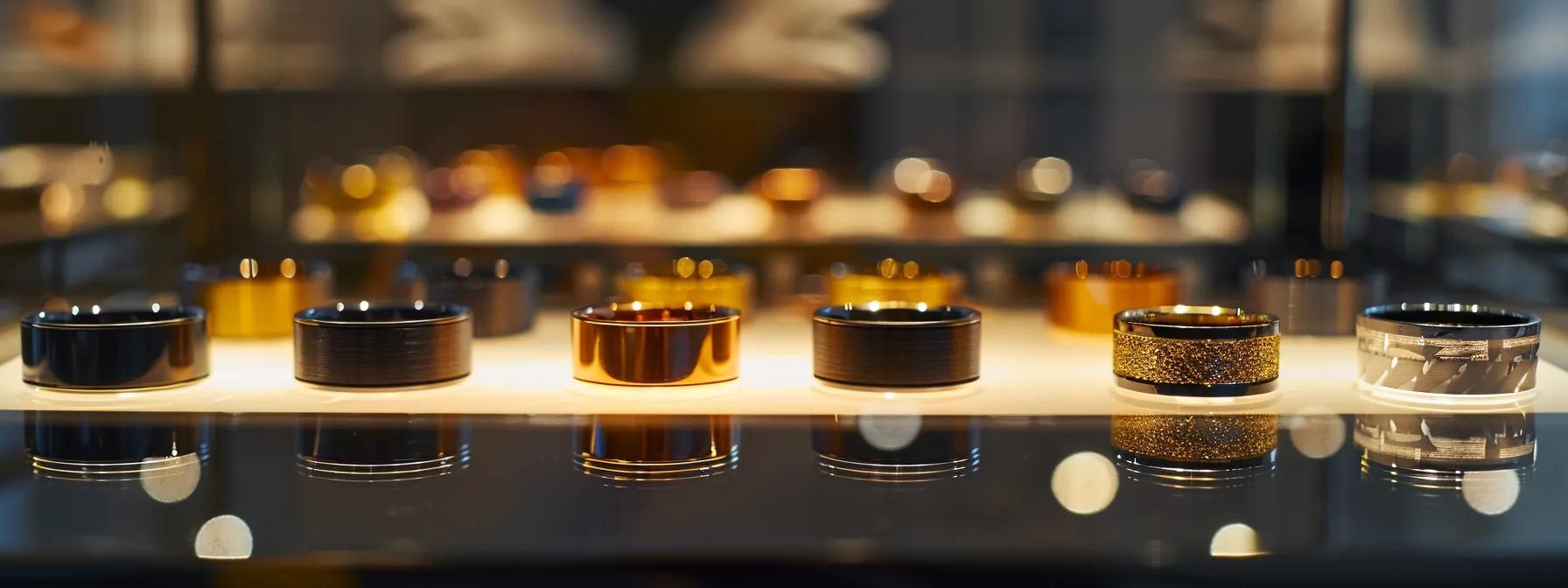 a sleek display of various ceramic men's wedding bands showcased on a polished glass surface under dramatic spot lighting, highlighting their vibrant colors and contemporary finishes in an elegant urban jewelry boutique. a sleek display of various ceramic men's wedding bands showcased on a polished glass surface under dramatic spot lighting, highlighting their vibrant colors and contemporary finishes in an elegant urban jewelry boutique.