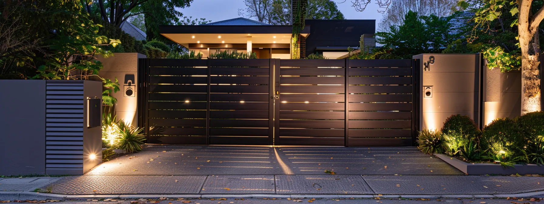 a sleek electric steel gate equipped with state-of-the-art access control, intercom, smart home, and alarm systems, illuminated by strategic lighting, enhancing security for a Carlton North | Melbourne property. a sleek electric steel gate equipped with state-of-the-art access control, intercom, smart home, and alarm systems, illuminated by strategic lighting, enhancing security for a Carlton North | Melbourne property.