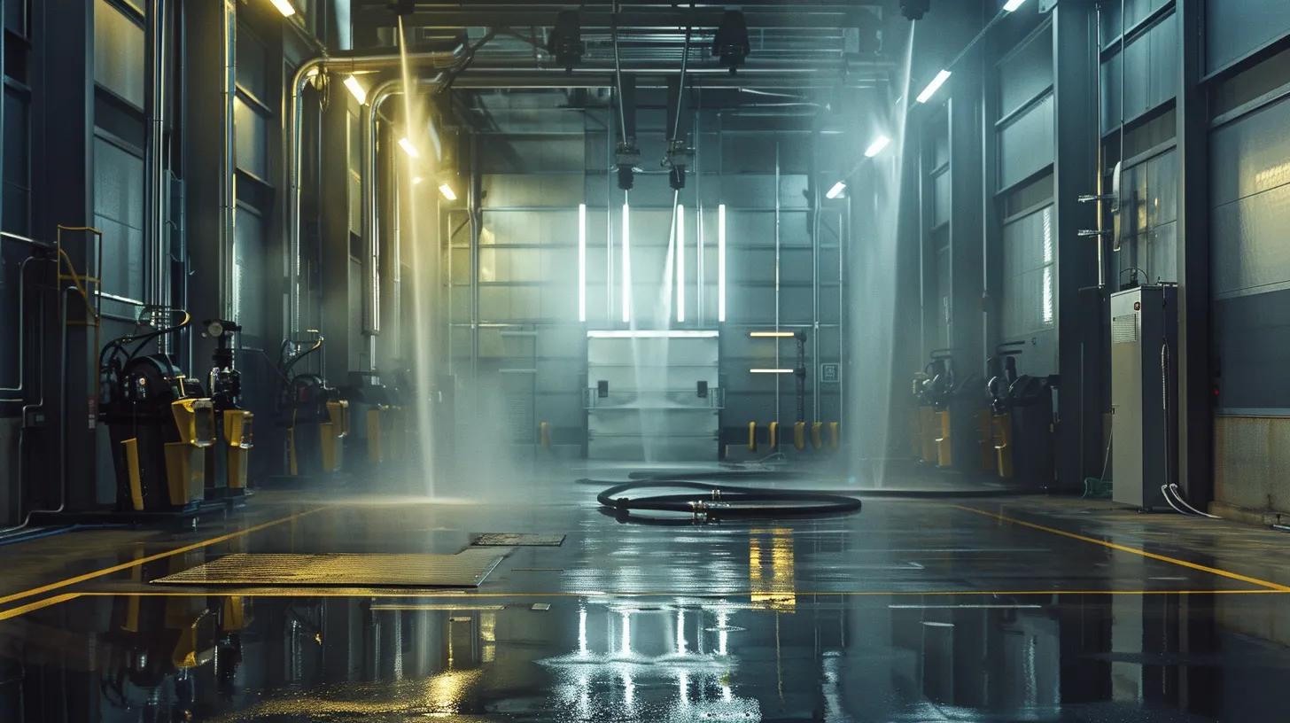 a sleek, high-tech industrial cleaning facility showcases a range of powerful gas and electric pressure washing equipment in action, with dynamic jets of water creating a dramatic contrast against gleaming metal surfaces. a sleek, high-tech industrial cleaning facility showcases a range of powerful gas and electric pressure washing equipment in action, with dynamic jets of water creating a dramatic contrast against gleaming metal surfaces.