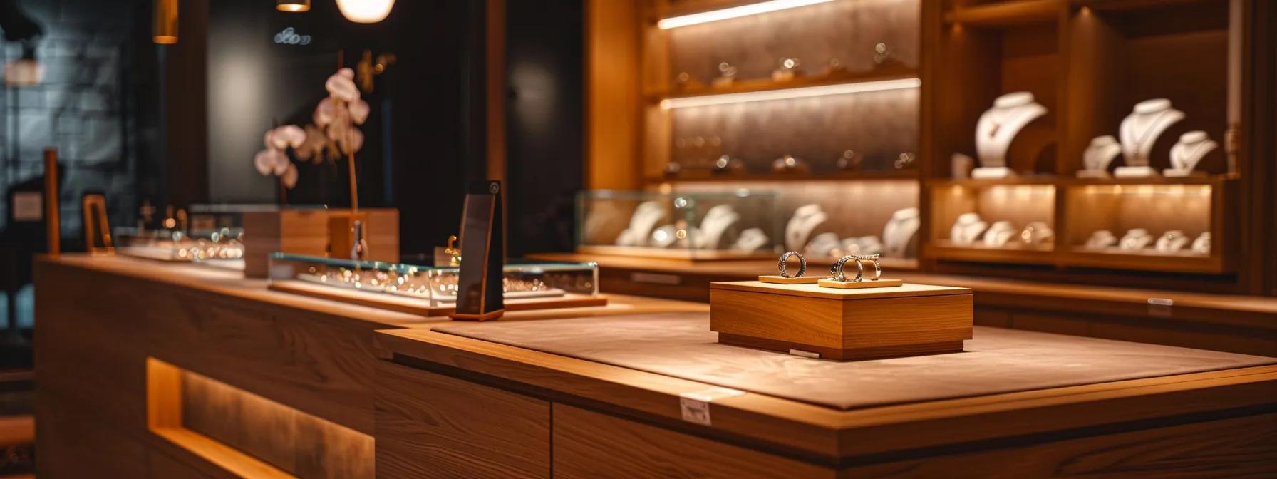 a sleek jewelry store interior features a polished wooden counter with an elegant ring sizer tool prominently displayed, capturing the sophisticated atmosphere of professional wedding band fitting. a sleek jewelry store interior features a polished wooden counter with an elegant ring sizer tool prominently displayed, capturing the sophisticated atmosphere of professional wedding band fitting.