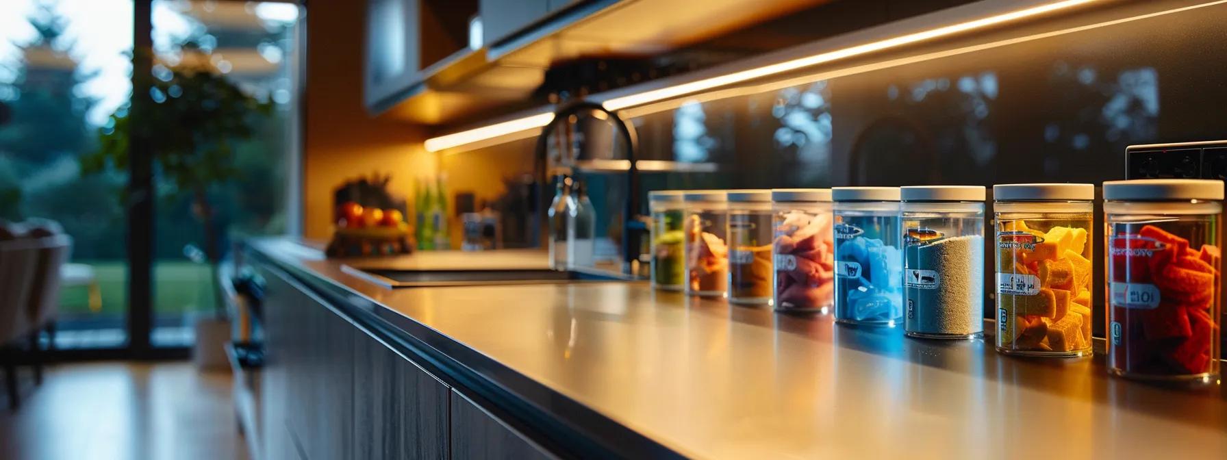 a sleek kitchen counter displays an organized array of colorful freeze-dried cat food packages, illuminated by bright, modern lighting, emphasizing the convenience and appeal of nutritious options for busy pet owners. a sleek kitchen counter displays an organized array of colorful freeze-dried cat food packages, illuminated by bright, modern lighting, emphasizing the convenience and appeal of nutritious options for busy pet owners.