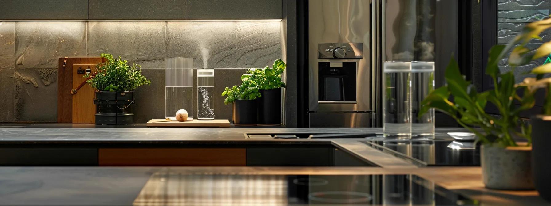 a sleek kitchen countertop displays the everydrop and ukf8001 water filters side by side in a modern refrigerator setting, showcasing their distinct designs and specifications with clear labels highlighting their capabilities in improving water quality. a sleek kitchen countertop displays the everydrop and ukf8001 water filters side by side in a modern refrigerator setting, showcasing their distinct designs and specifications with clear labels highlighting their capabilities in improving water quality.