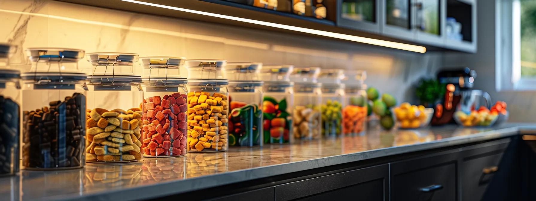 a sleek kitchen scene showcases neatly arranged airtight containers filled with colorful homemade dog treats, illuminated by warm, inviting lighting that highlights the freshness and flavor of the nutritious ingredients inside.