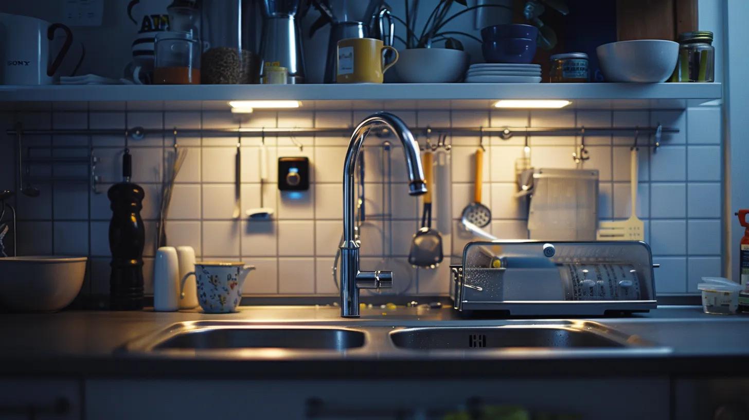 a sleek kitchen with a modern garbage disposal unit prominently displayed at the sink, showcasing pristine surfaces and organized kitchen tools, illuminated by bright overhead lighting that highlights the importance of cleanliness and maintenance in a hygienic food preparation environment. a sleek kitchen with a modern garbage disposal unit prominently displayed at the sink, showcasing pristine surfaces and organized kitchen tools, illuminated by bright overhead lighting that highlights the importance of cleanliness and maintenance in a hygienic food preparation environment.