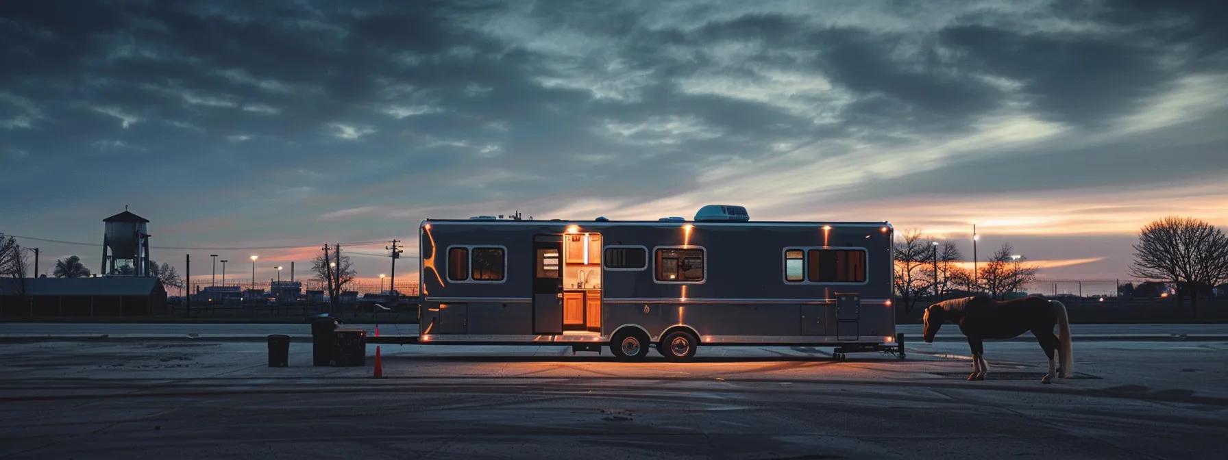 a sleek, metallic bumper pull horse trailer sits prominently in a well-lit urban rental lot, with a calm horse standing beside it, showcasing the reliable and convenient rental solutions offered by leadfoot rentals in houston.