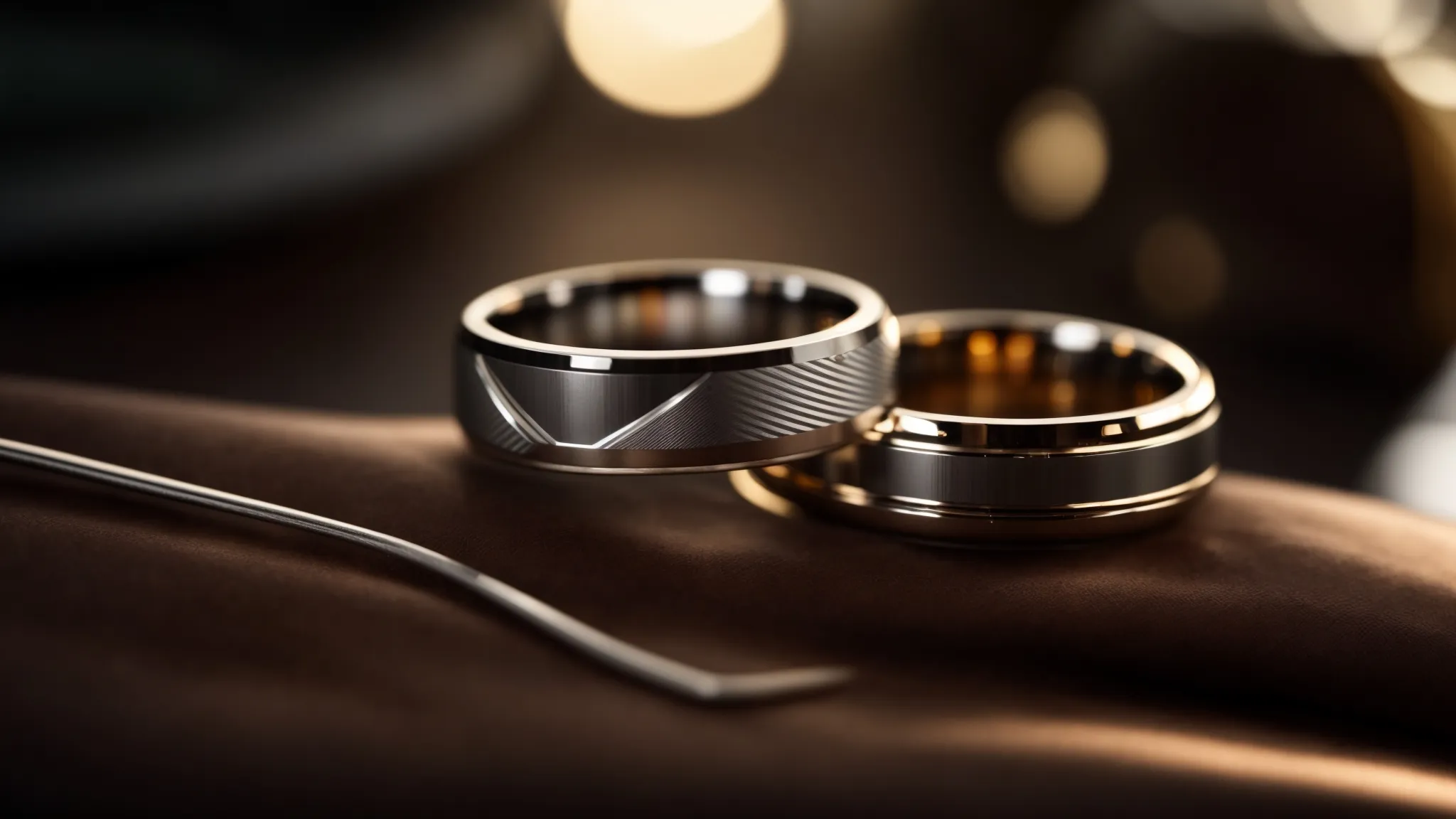 a sleek, minimalist workshop with polished metal tools and elegant custom wedding bands on display, highlighting the artistry and precision involved in crafting the perfect men's wedding ring.