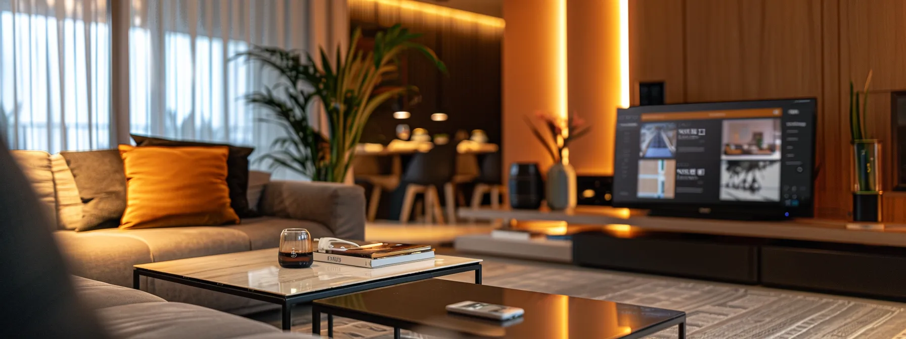 a sleek, modern airbnb interior with chic decor and an inviting seating area, featuring a stylish digital guide displayed prominently on a coffee table, exuding a sense of luxury and a warm, welcoming atmosphere for guests.