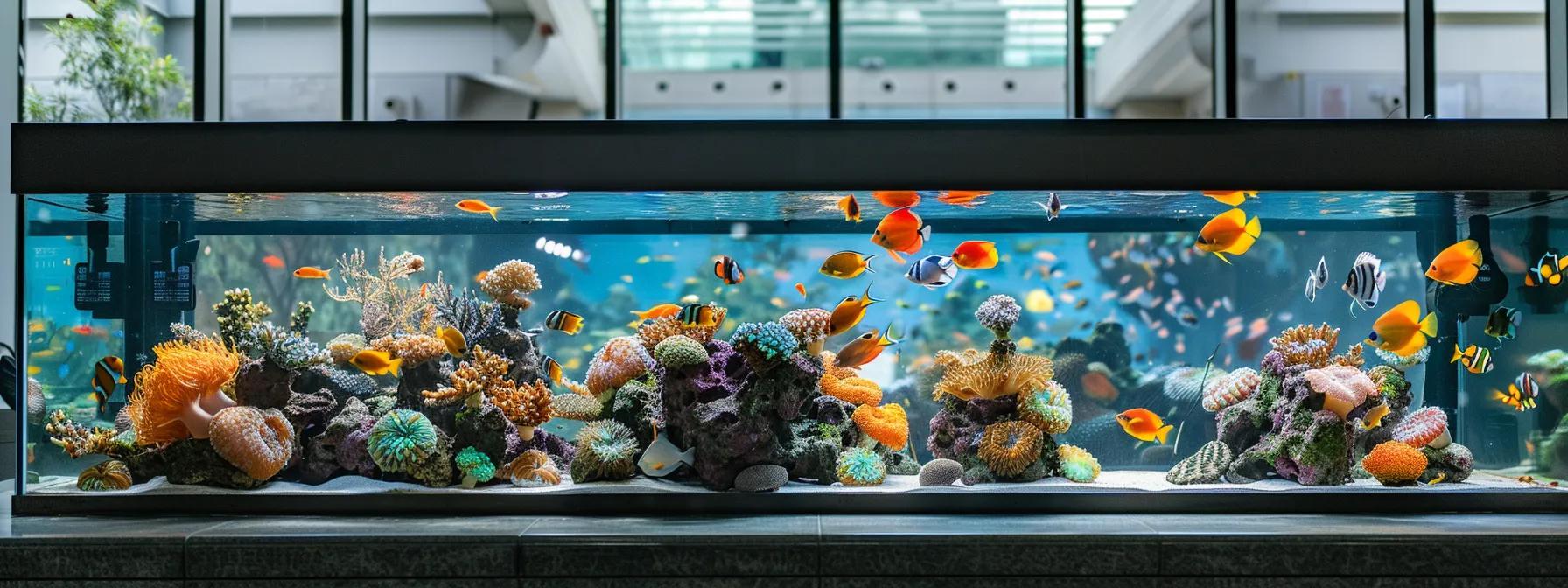 a sleek, modern aquarium display in a well-lit urban office setting showcases an array of colorful fish and vibrant corals, with a prominently featured, high-tech aquarium pump in action, emphasizing the importance of reliable aquatic habitat maintenance.