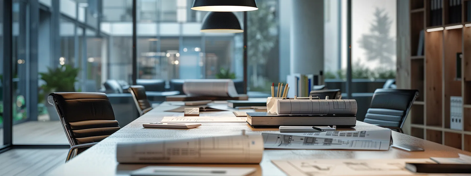 a sleek, modern architect's workspace features layered architectural blueprints sprawled across a minimalist conference table, with sharp, contrasting line weights clearly defining the intricate details of innovative structures illuminated by focused overhead lighting.