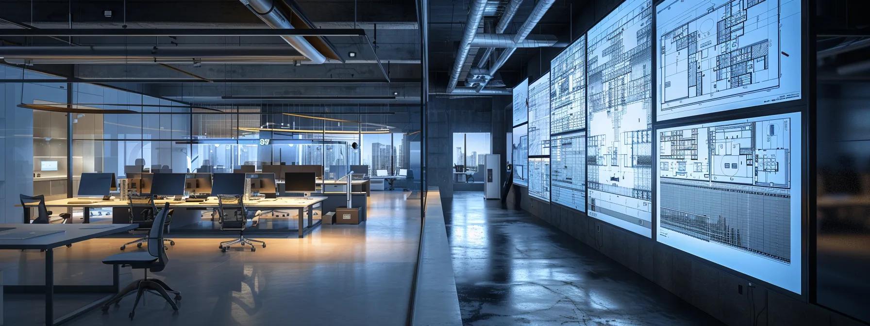 a sleek, modern architectural office workspace, featuring a digital display on a large screen showing detailed blueprints of walls, floors, doors, and windows alongside precise measurements and annotations, illuminated by bright, focused overhead lighting.