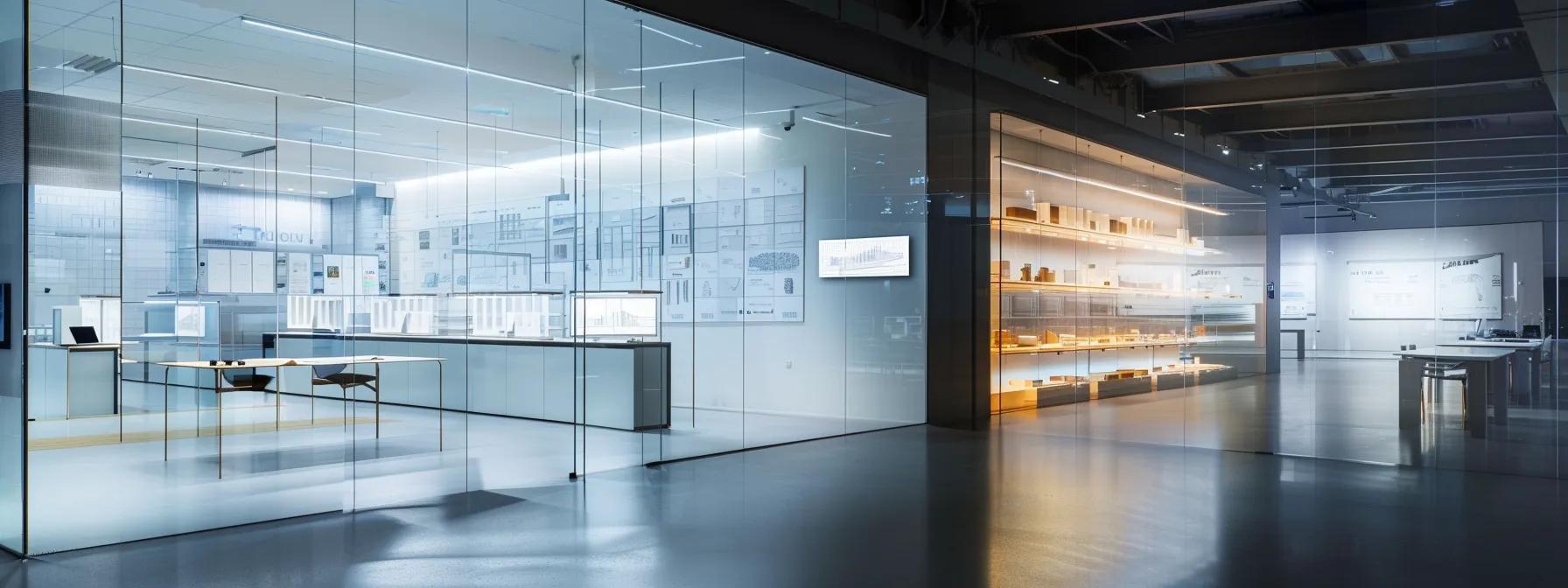 a sleek, modern architectural office showcases an innovative workspace with transparent walls displaying complex samples of advanced building materials, emphasizing cutting-edge technology and sustainable design in urban construction.